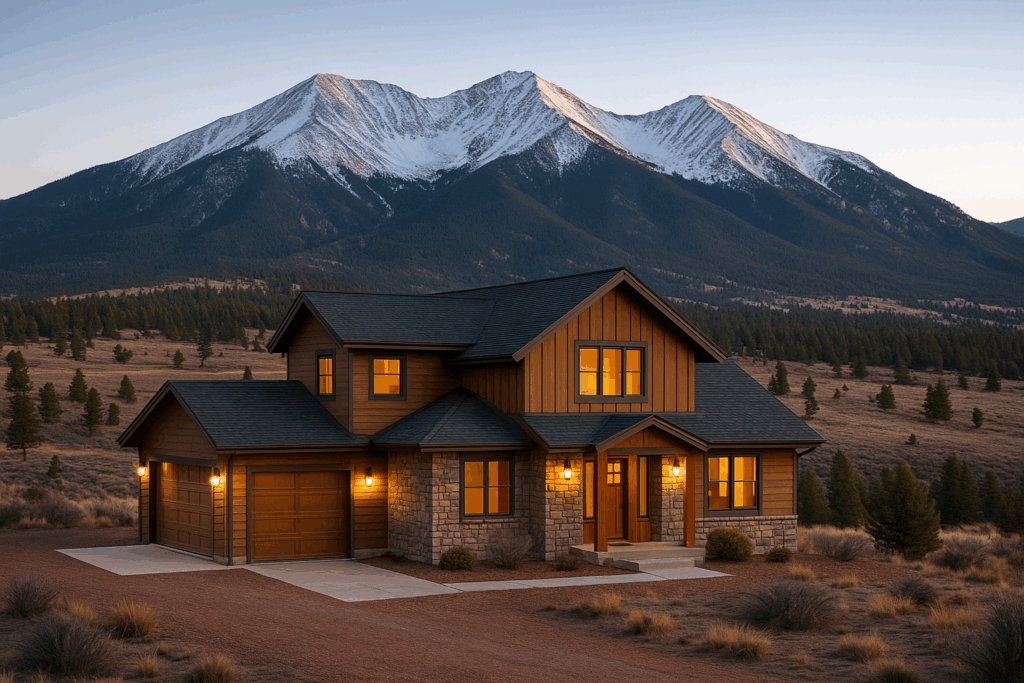 Airbnb Cleaning Colorado Springs Beautiful home at dusk with warm lighting and snow-covered Colorado mountains in the background.